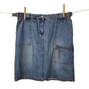 Vtg Y2K Denim Skirt Size 14 Jean Modest Denim Zip Pocket alt Grunge Buckle